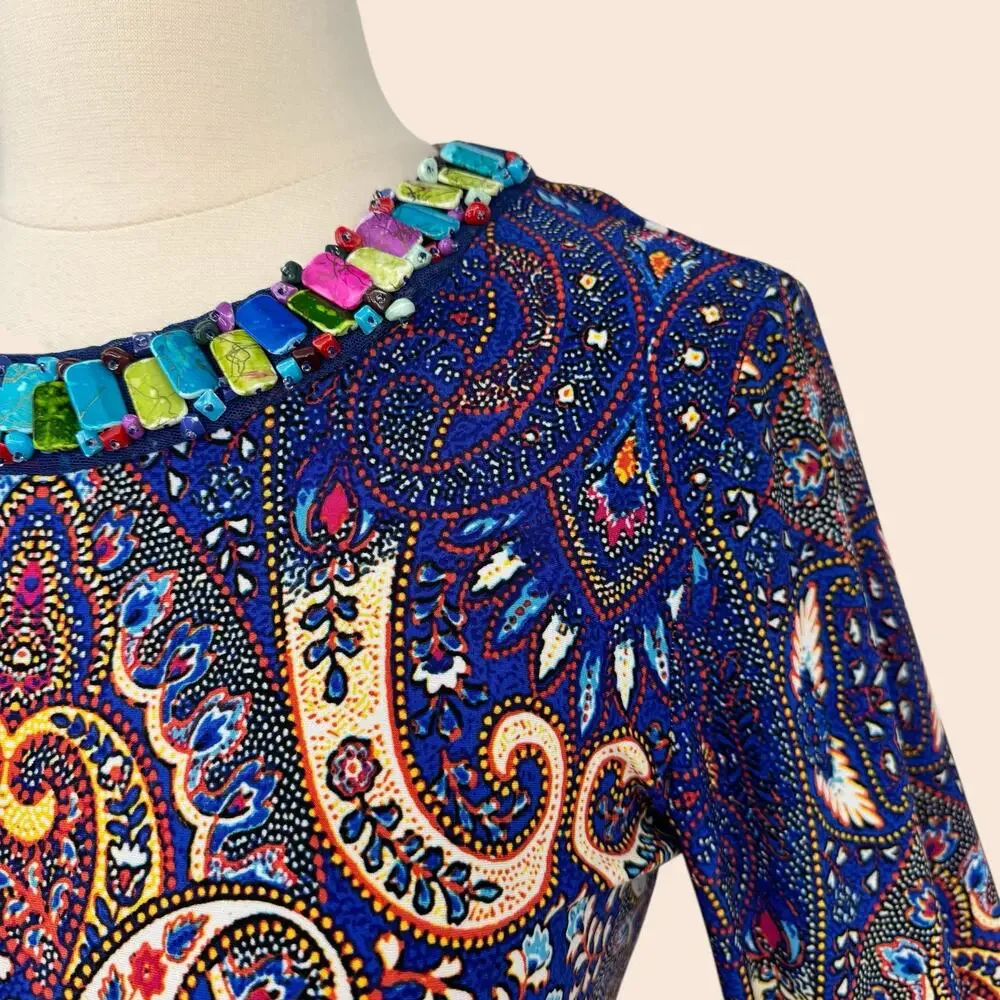 Boho Paisley Beaded Neck Cocktail Sheath Dress Teal Multi Size 10